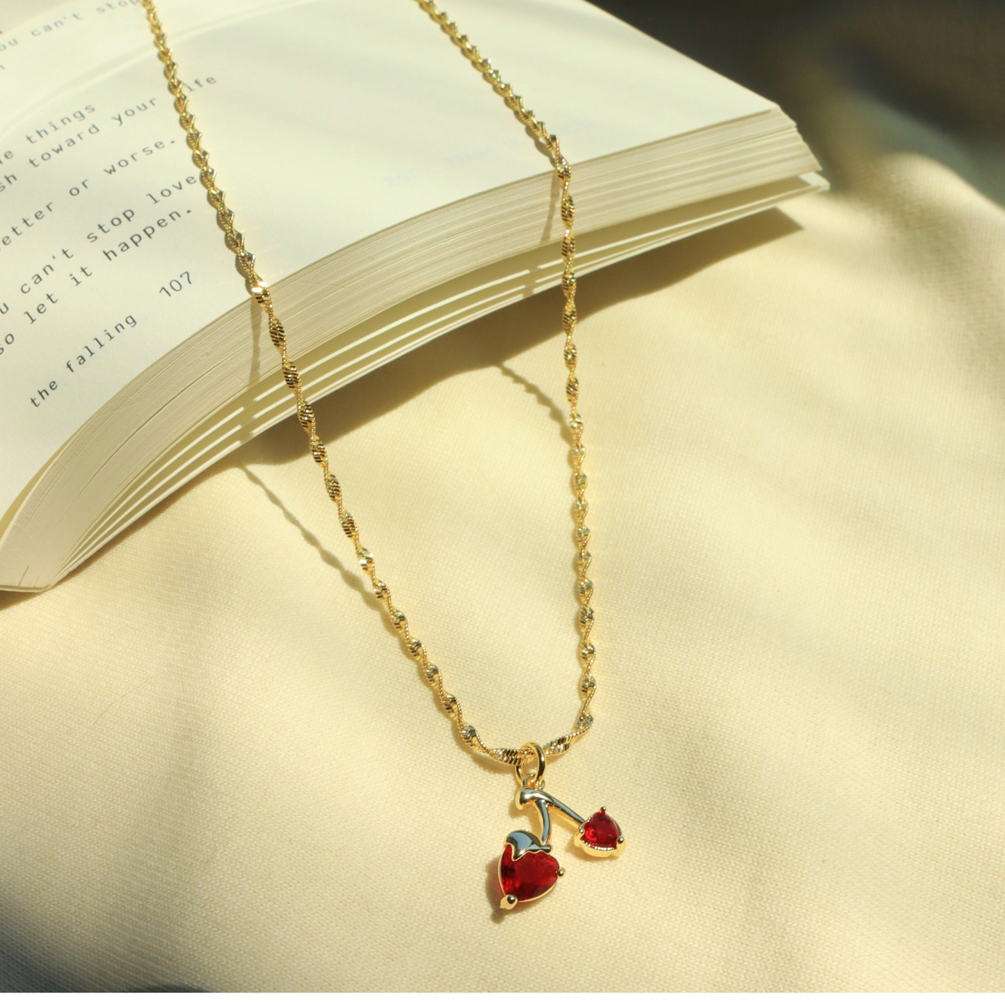 Cherry Crystal Pendant Necklace – 18K Gold Plated | 18” Twist Chain