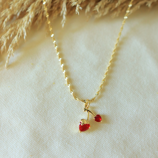Cherry Crystal Pendant Necklace – 18K Gold Plated | 18” Twist Chain
